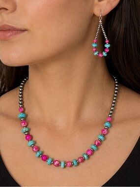 Kingman Turquoise & Hot Pink sea sediment jasper Beaded Necklace and Earring Set